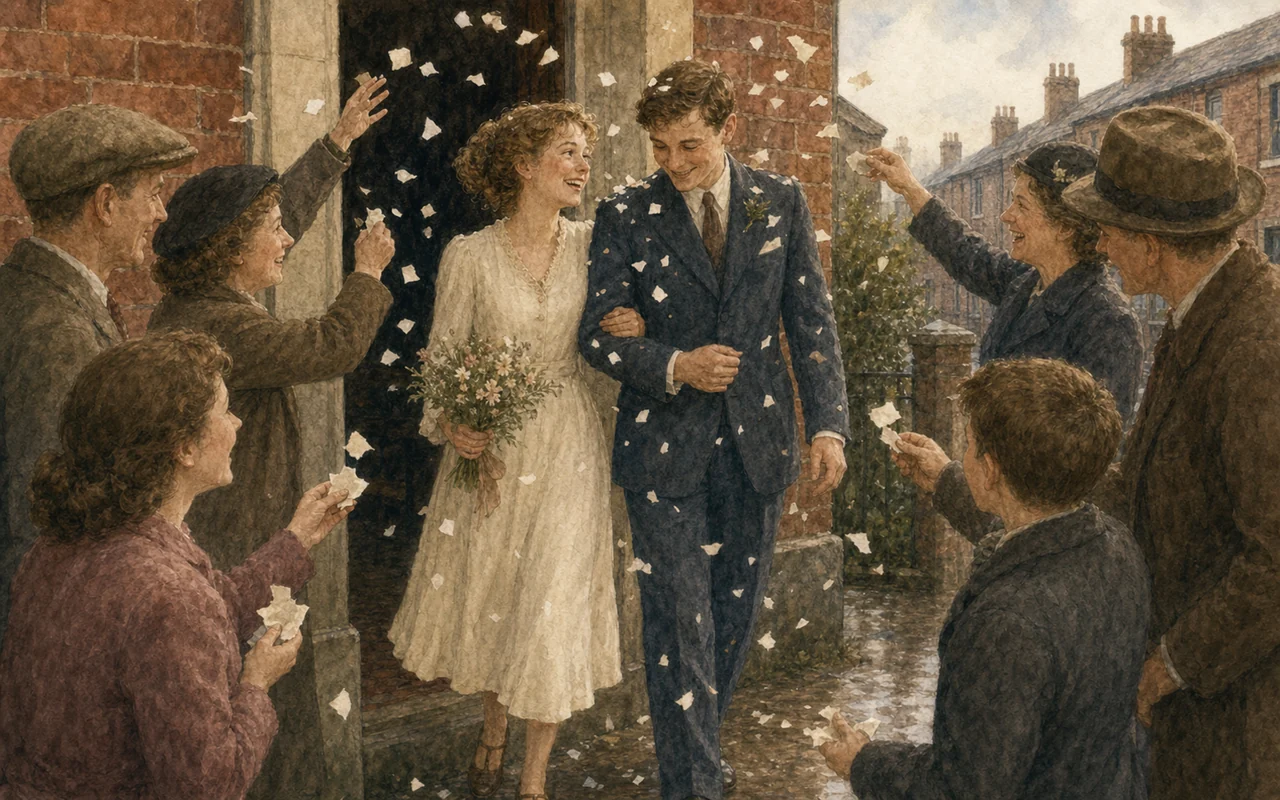 A bride in a plain cream dress and a groom in a navy suit step out of a doorway under thrown paper confetti