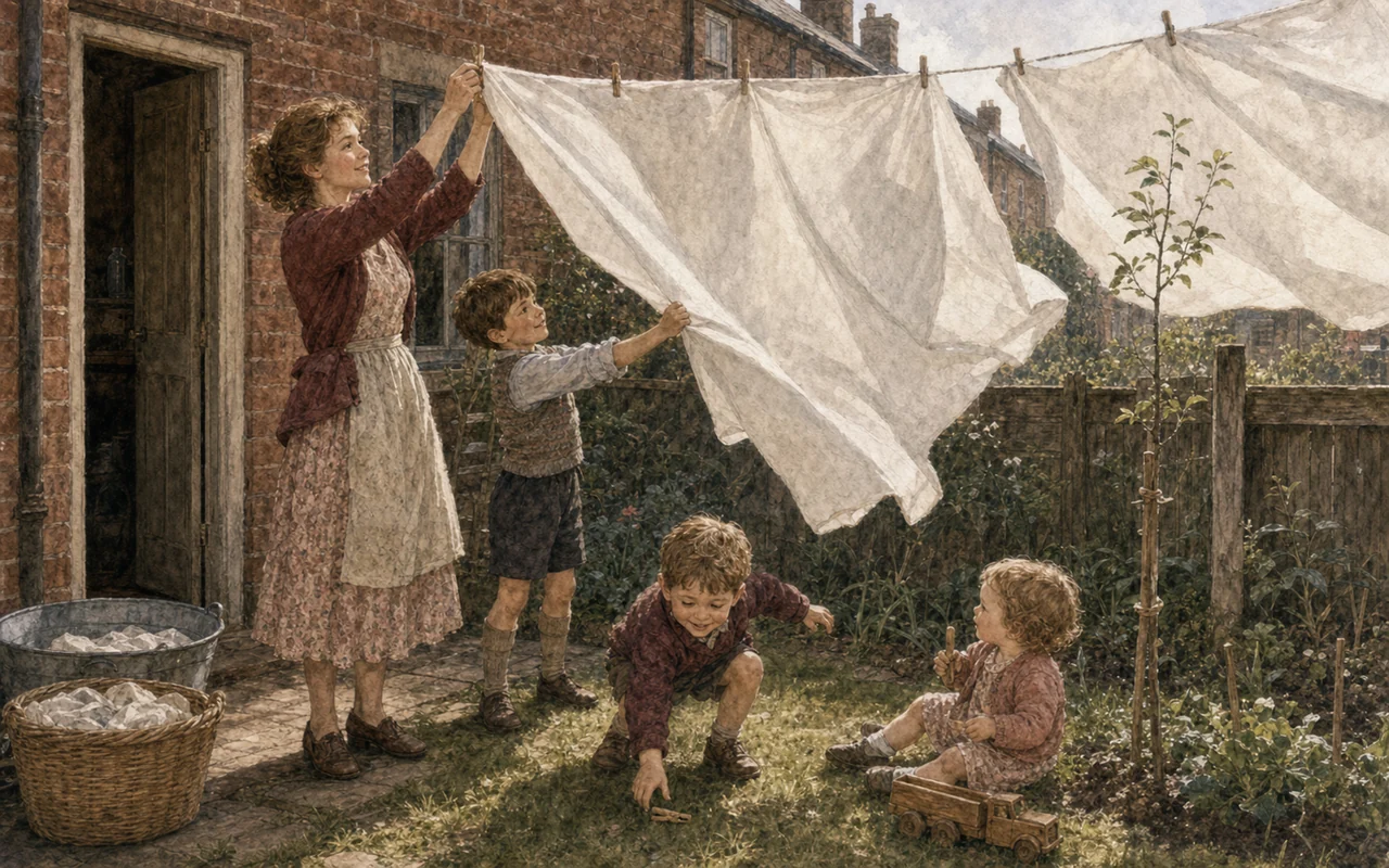 A mother pegs a white sheet to a washing line while three young children help and play in the yard