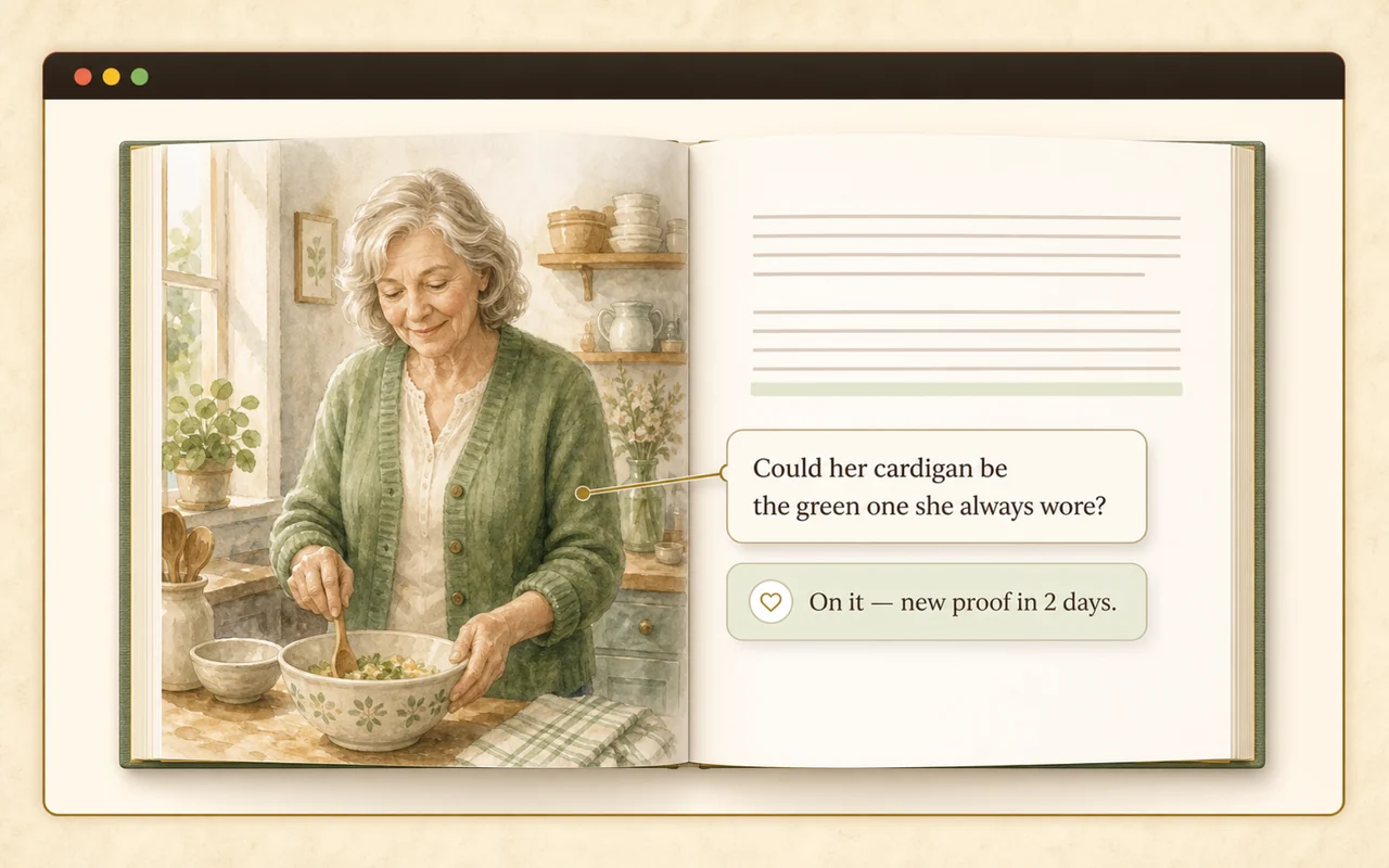 A chapter proof screen: an illustrated spread of the same woman cooking, with a margin comment reading “Could her cardigan be the green one she always wore?” and the studio's reply, “On it — new proof in 2 days.”