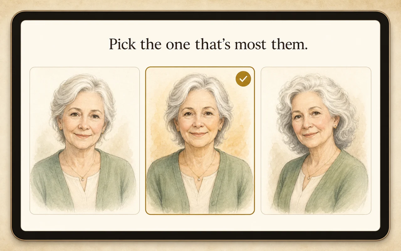 The character options screen on a tablet, headed “Pick the one that's most them.”, showing three illustrated portraits of the same woman with the middle one selected.