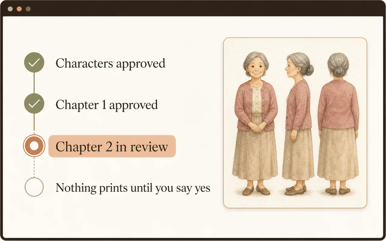 The approval timeline screen: Characters approved, Chapter 1 approved, Chapter 2 in review, and Nothing prints until you say yes, beside three full-length character studies.