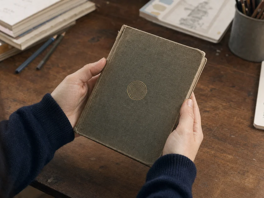 Two hands holding a small worn cloth-bound book with a gold ring pressed into the cover, over a wooden desk of proofs and pencils.