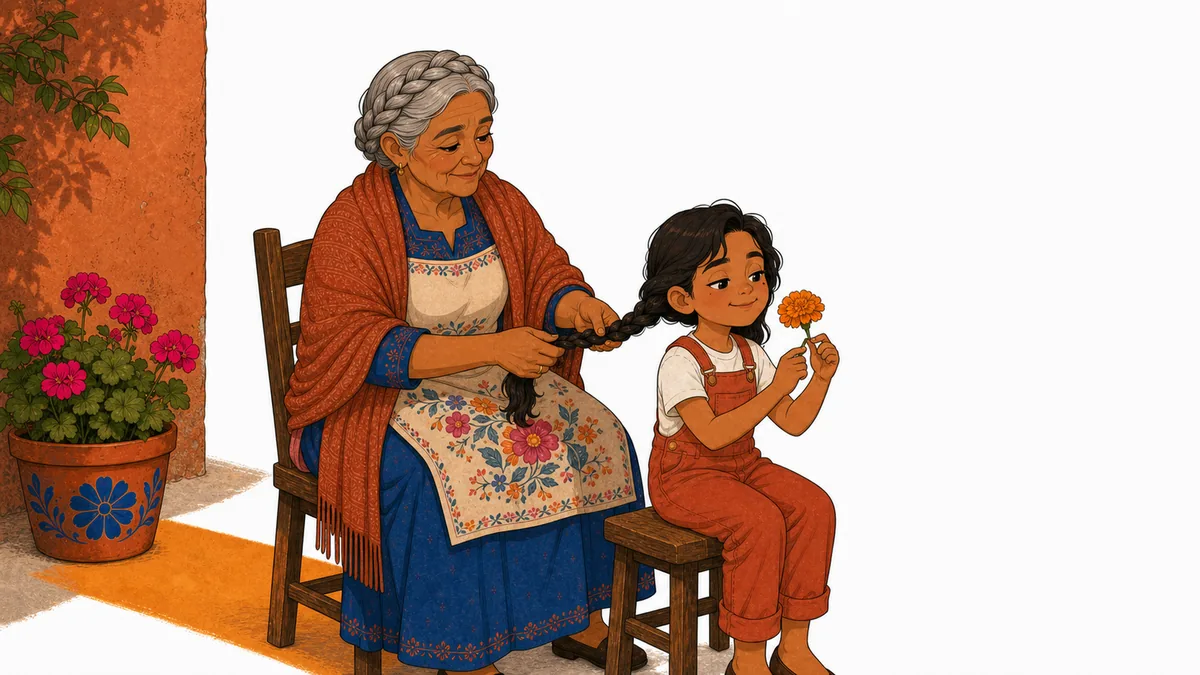 Luz and her grandmother in the courtyard