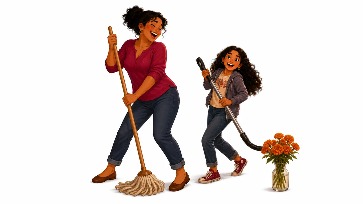 Mamá and Luz dancing while cleaning on Saturday