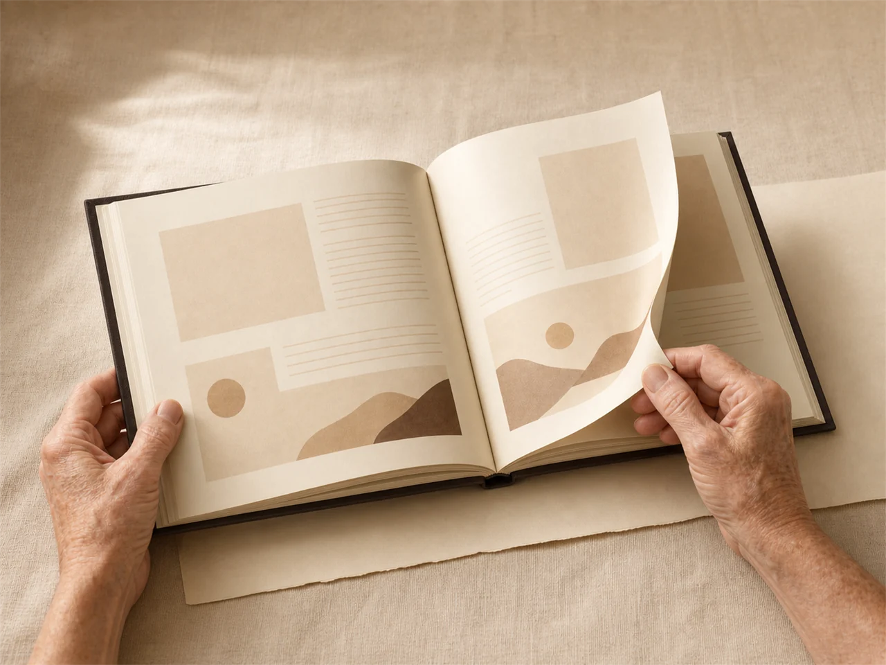 Two hands turning a page of the hardcover lying open flat, shown as a blank binder's dummy before any pages are printed.