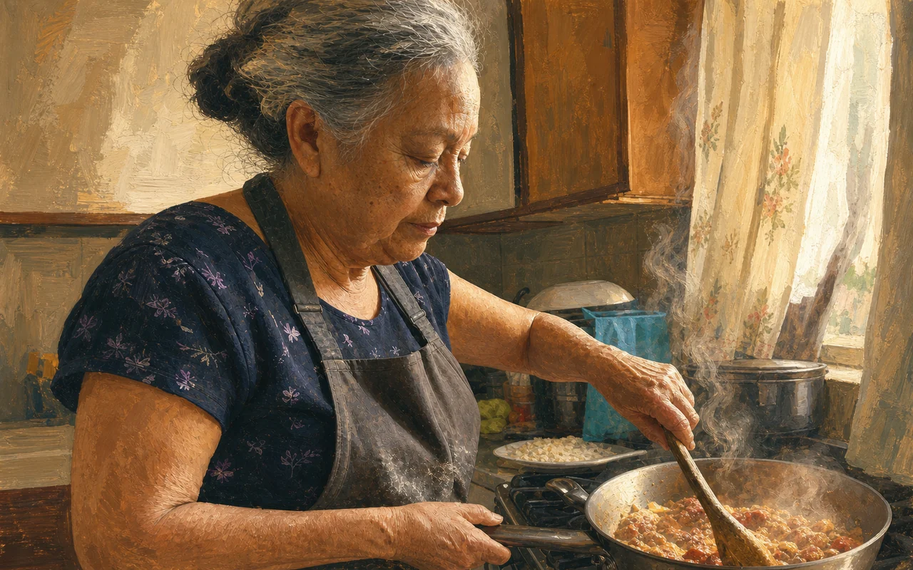 The illustrated page: the same woman at the same stove, with the window light, the curtain and the steam off the pan drawn in around her.
