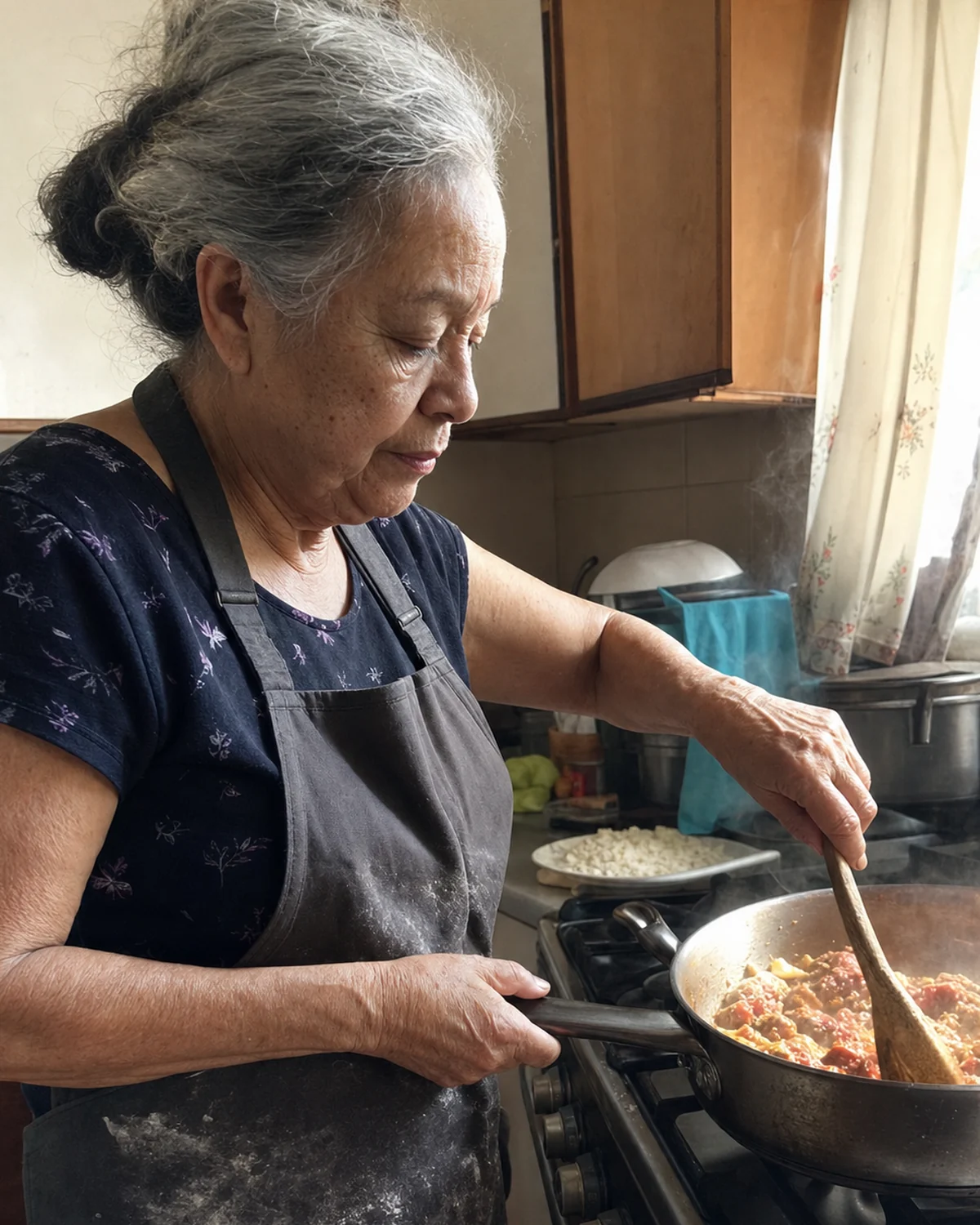 An ordinary phone photograph of an older woman cooking at her stove, apron on, stirring a pan.