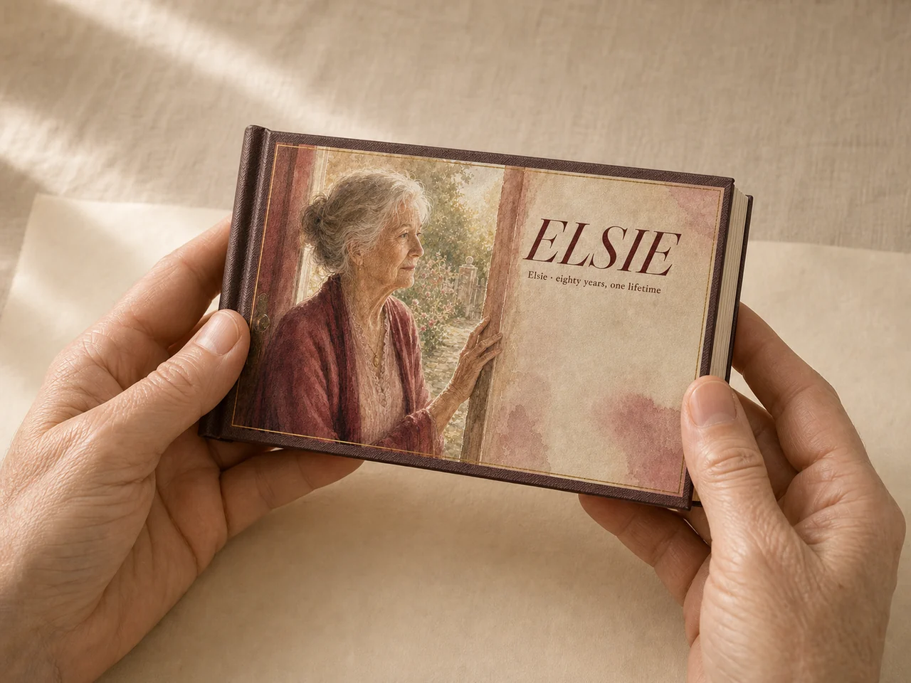 Two hands holding the mini Flip Book, a small landscape hardcover that sits well inside one palm.