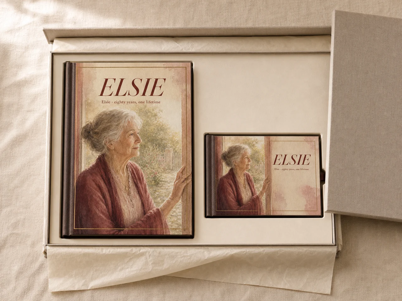 An open gift box holding the portrait Story Book with the much smaller landscape Flip Book laid beside it, the lid set to one side.