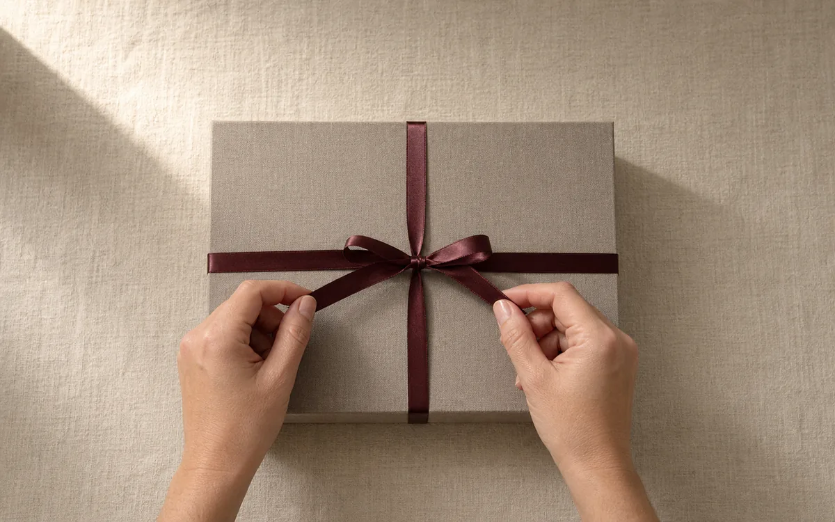 Seen from above: two hands beginning to untie the dark ribbon on a closed linen gift box.