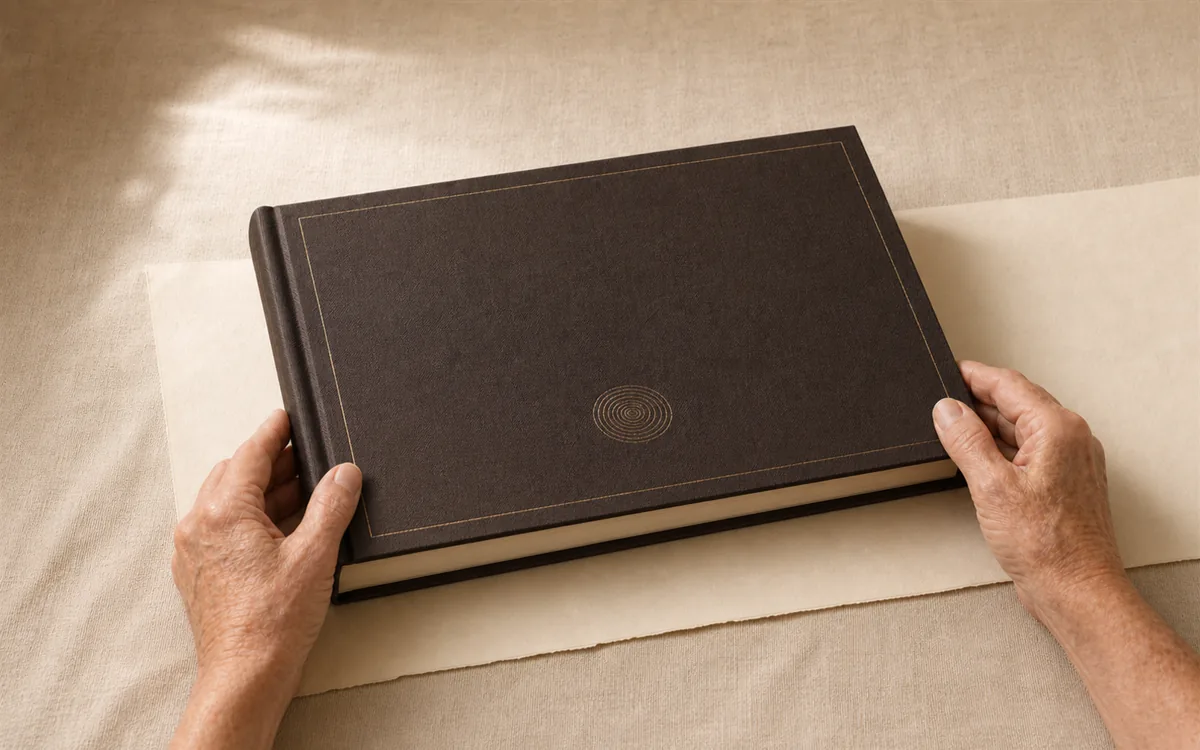 Two hands lifting the closed cloth hardcover off a sheet of deckled paper.