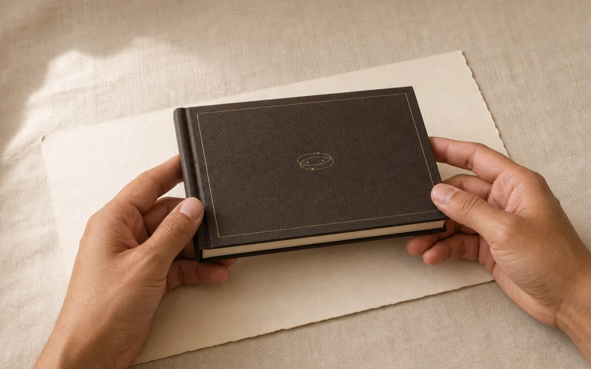 Two hands holding the small landscape Flip Book closed, a thumb resting on its page edge.